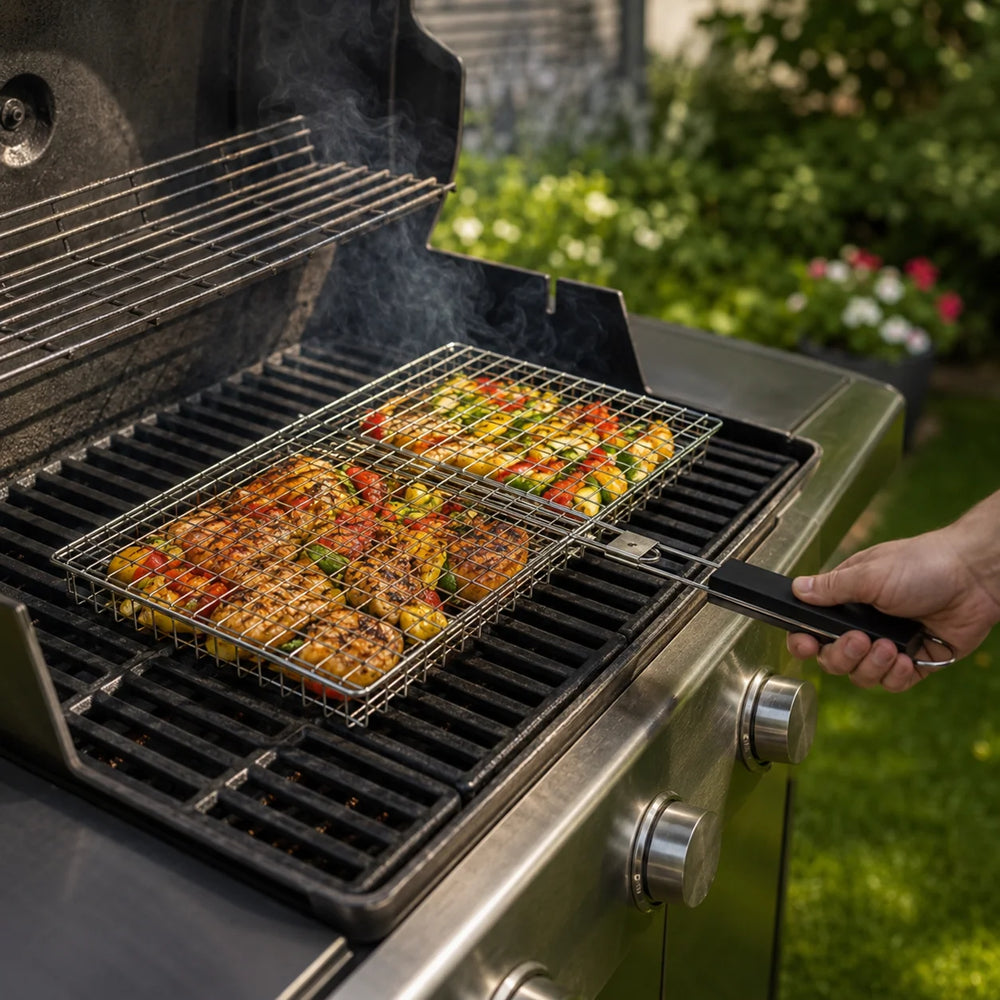 Grillkorb mit Griff für Fisch, Fleisch und Gemüse